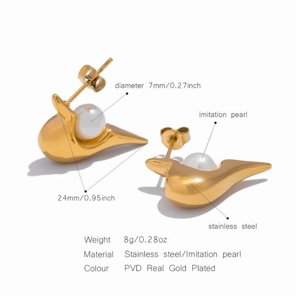 Pearl Accent Curve Earrings by Lia Haddi - 18K Gold Plated, Tarnish resistant, water-resistant, hypoallergenic, eco-friendly, sleek curved design with pearl accent.