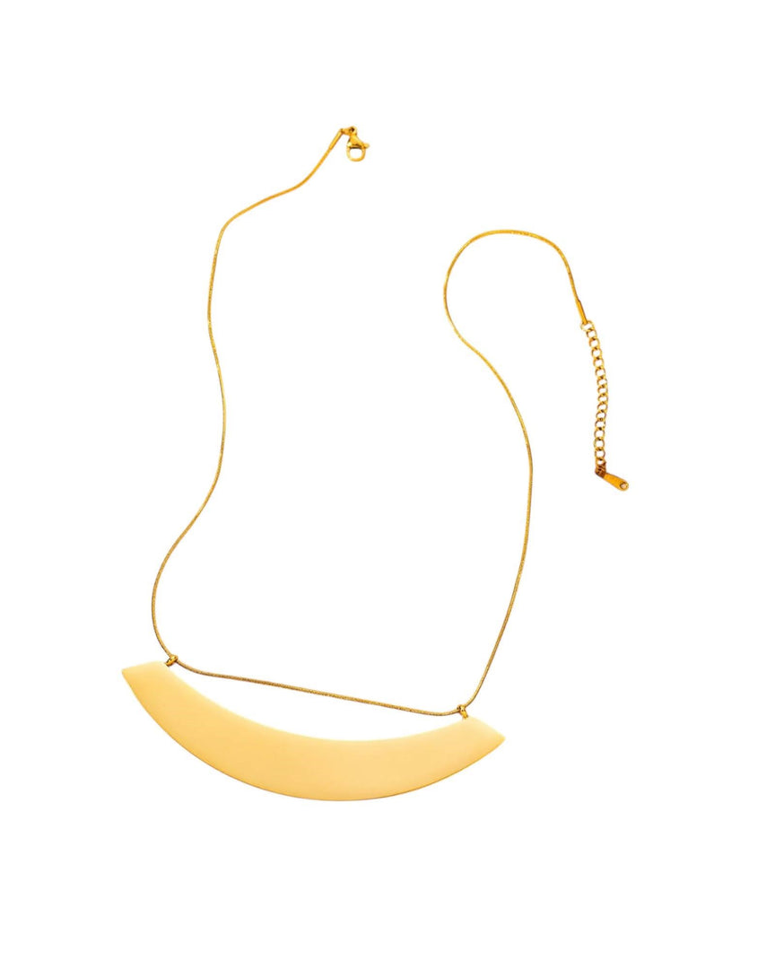 Minimalist gold lariat necklace featuring a sleek crescent-shaped pendant suspended from a delicate chain, perfect for modern elegance from Lia Haddi Modern Jewelry