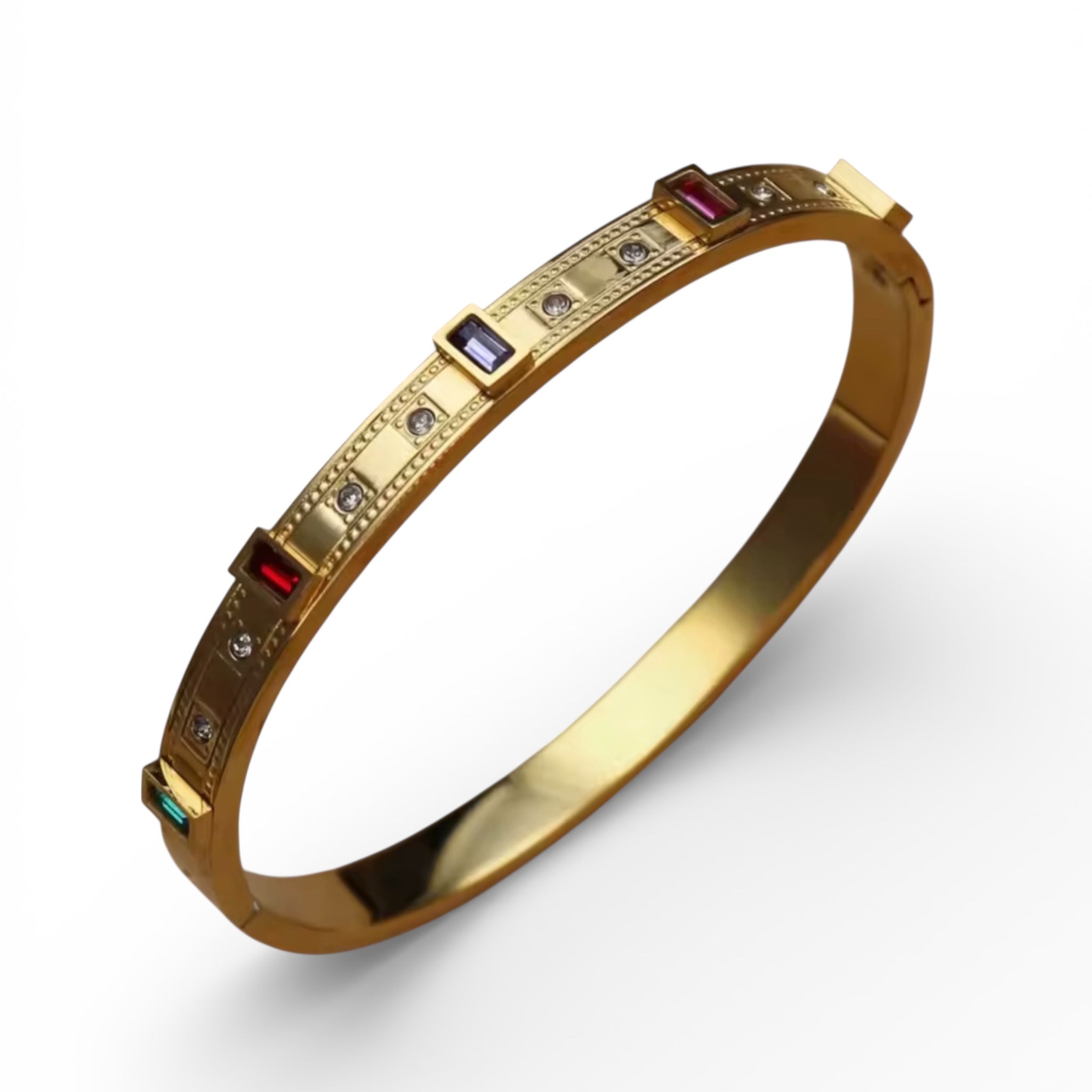Gold bangle bracelet with multi-colored gemstones and crystal accents