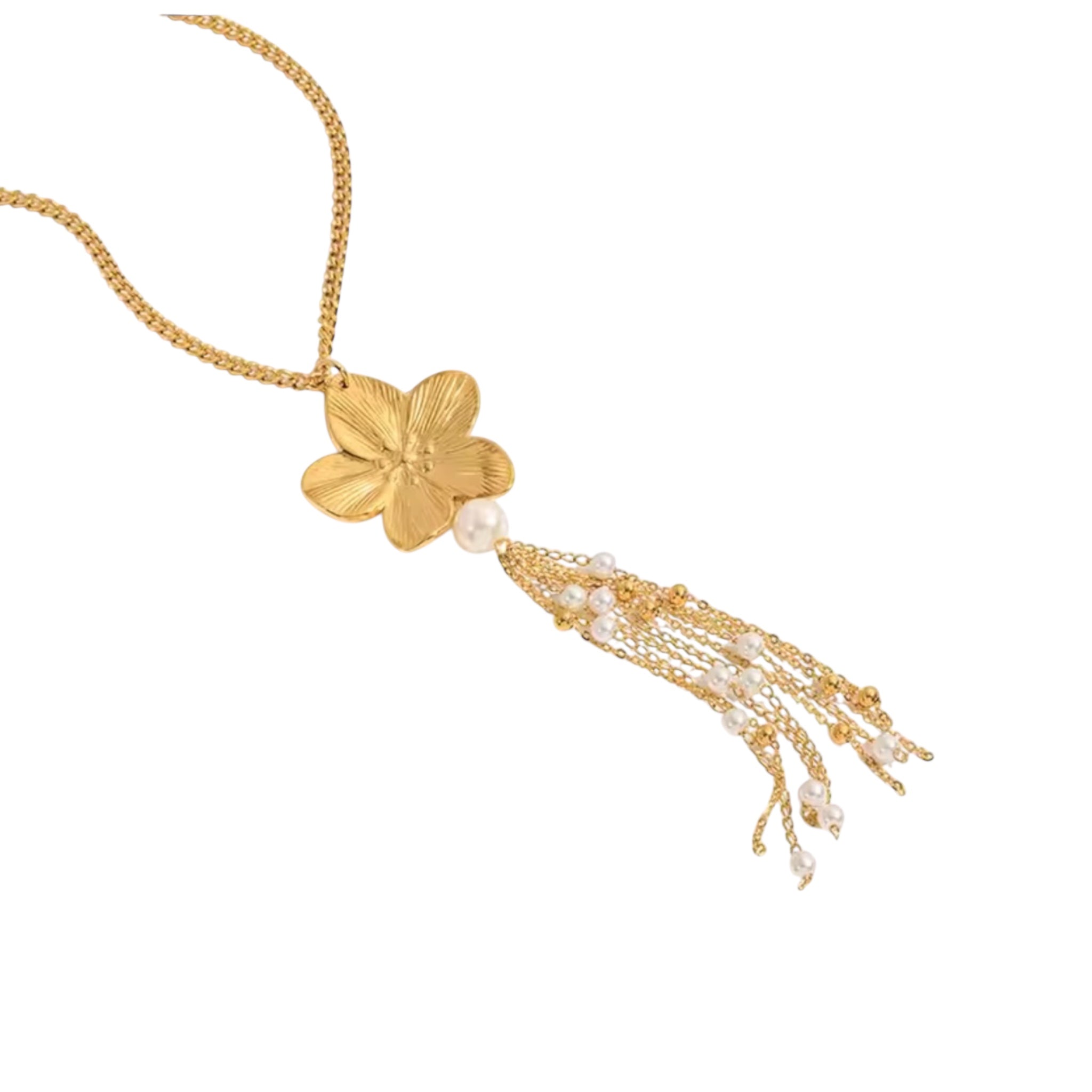 Gold floral pearl tassel statement necklace