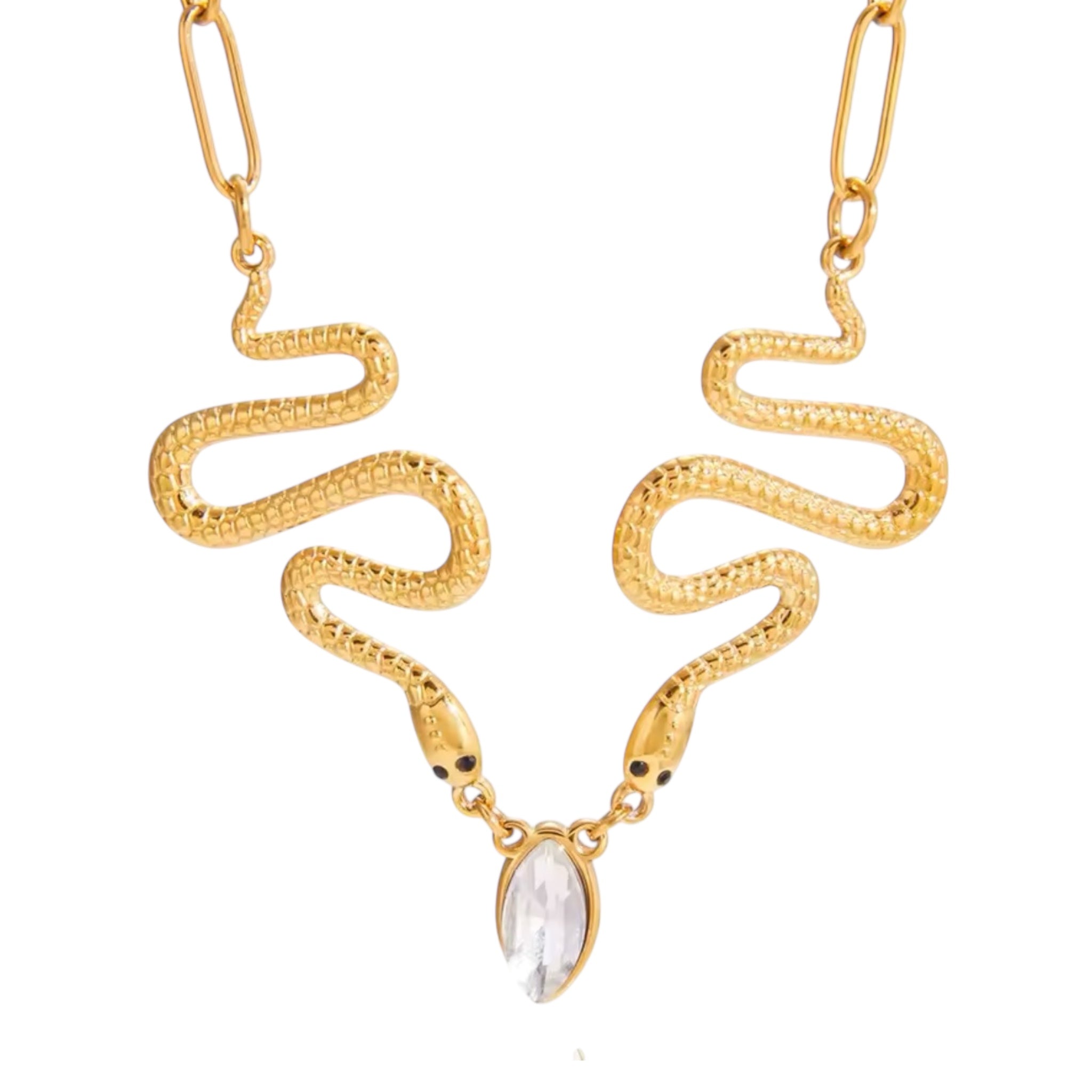 Gold dual snake crystal drop statement necklace