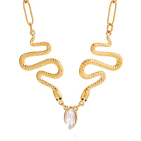 Gold dual snake crystal drop statement necklace