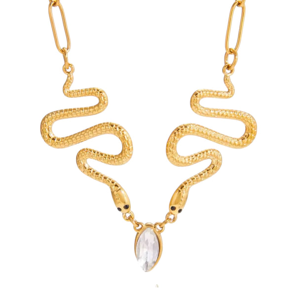 Gold dual snake crystal drop statement necklace
