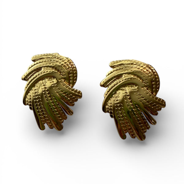 Gold textured fan-shaped sculptural stud earrings