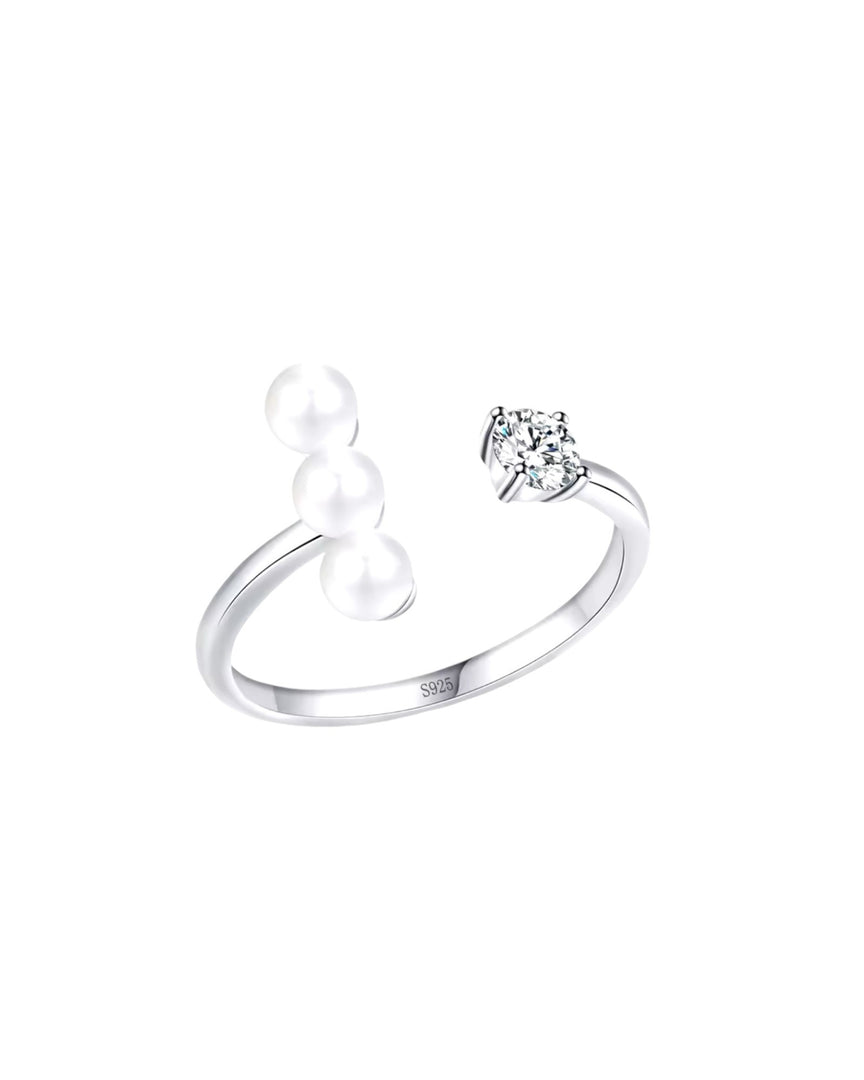 Elegant silver open ring featuring three delicate pearls and a sparkling crystal, a modern and sophisticated design by Lia Haddi Modern Jewelry