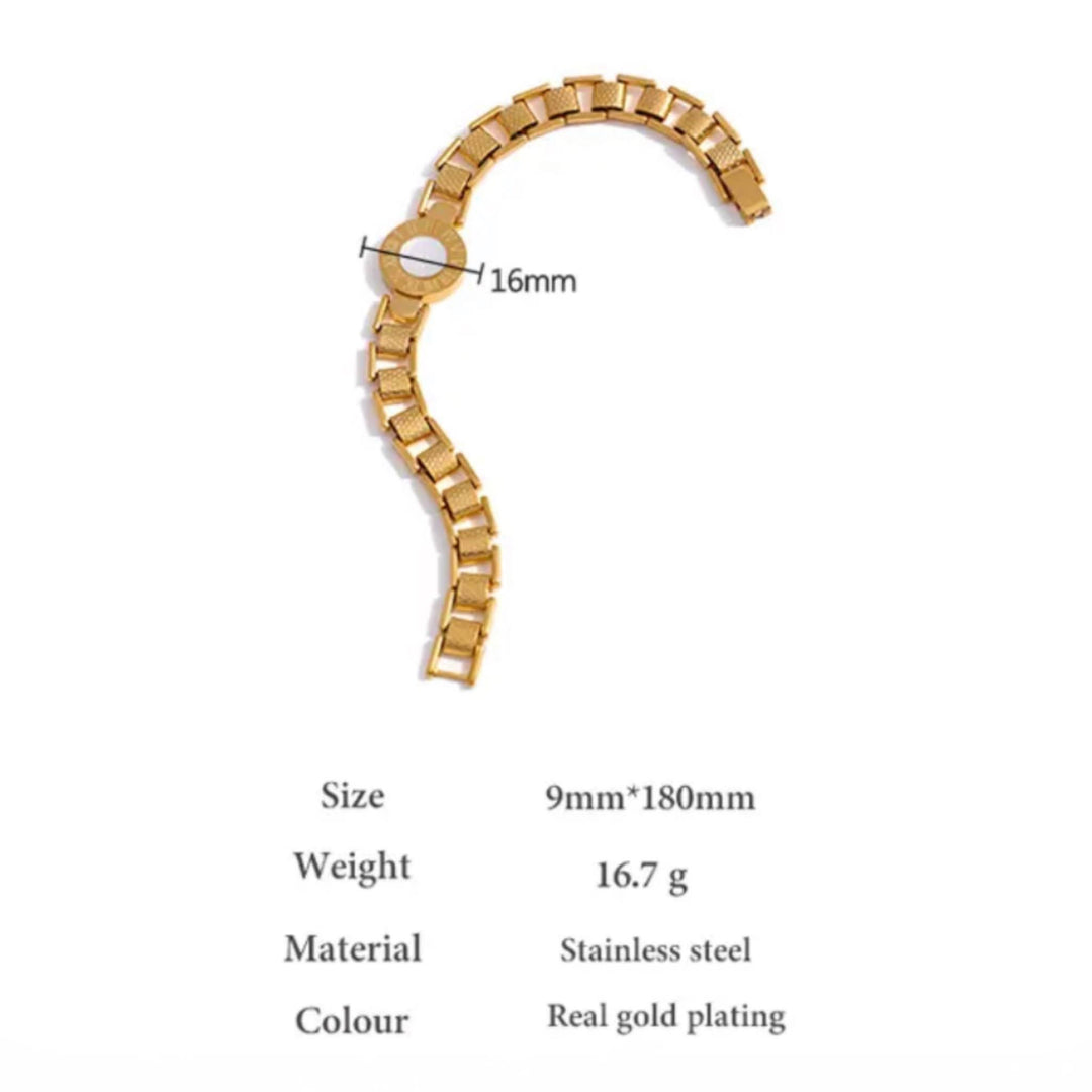 Timeless Roman Elegance Bracelet - Classic gold bracelet with a Roman numeral design, measuring 9mm by 180mm, weighing 16.7g, and made of stainless steel with real gold plating.