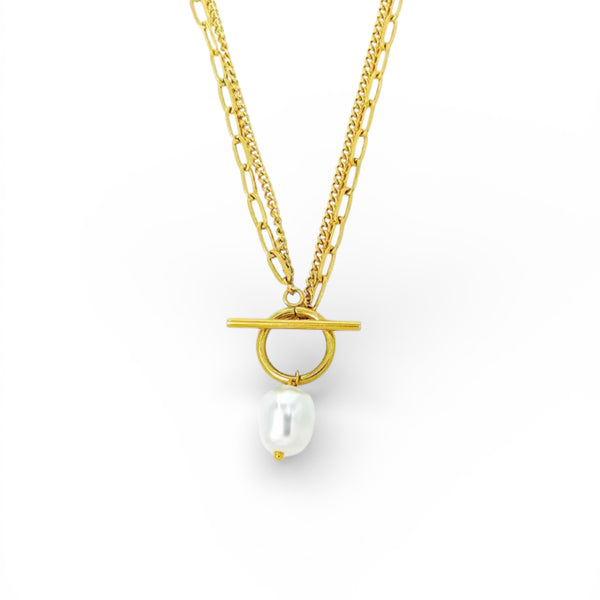 Layered gold toggle necklace with pearl drop pendant in 18K gold plated stainless steel