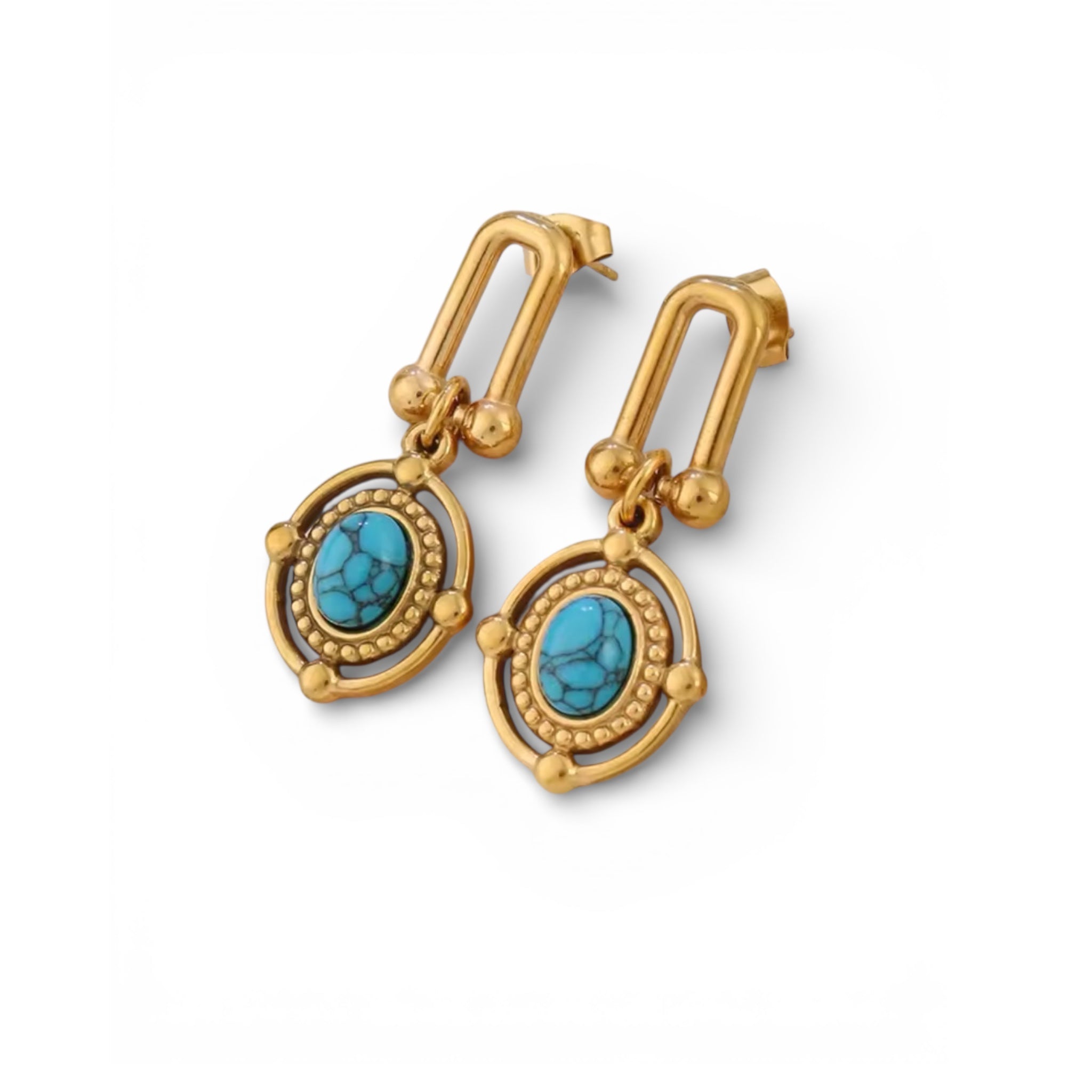 Gold drop earrings with oval turquoise cabochon stones in 18K gold plated stainless steel