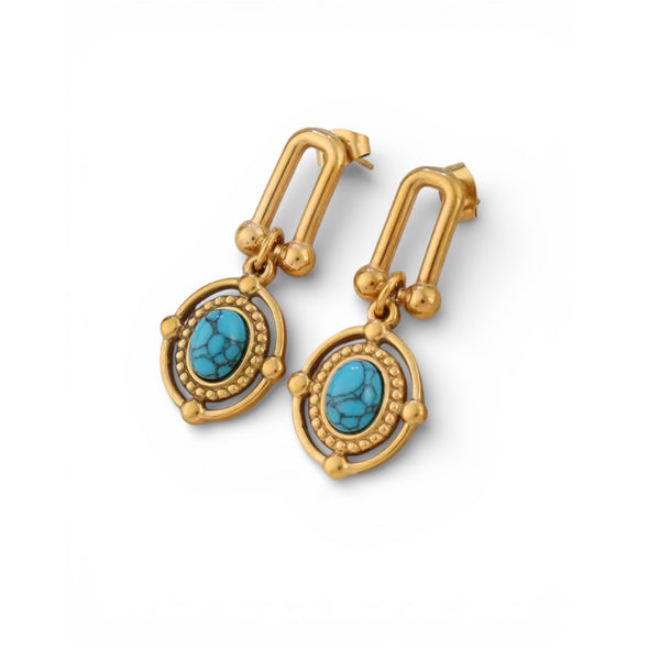 Gold drop earrings with oval turquoise cabochon stones in 18K gold plated stainless steel