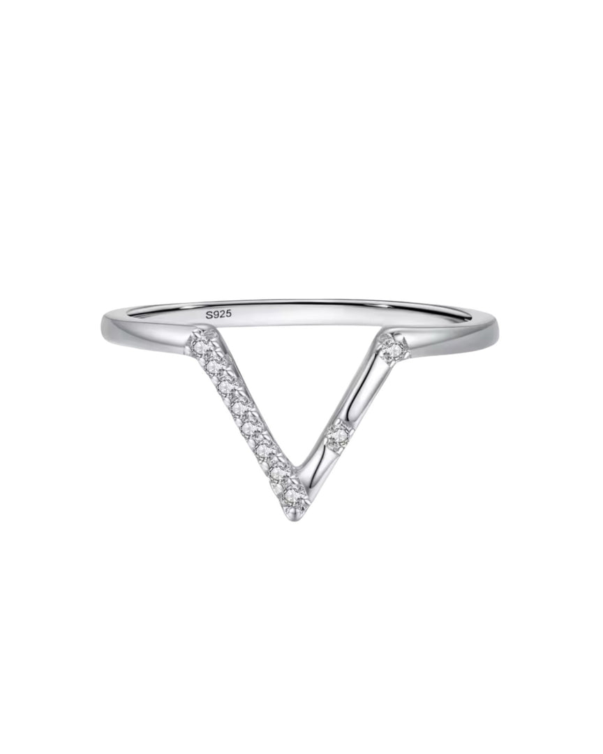 Minimalist sterling silver ring with a V-shaped design, accented by sparkling cubic zirconia stones.