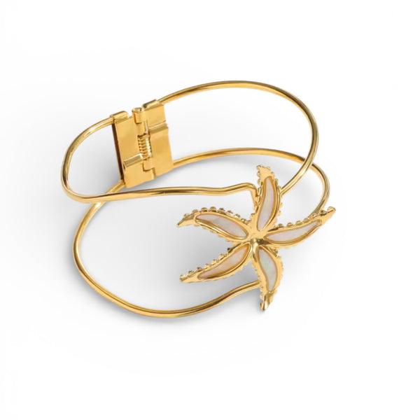 Gold starfish cuff bracelet with shell inlay in 18K gold plated stainless steel
