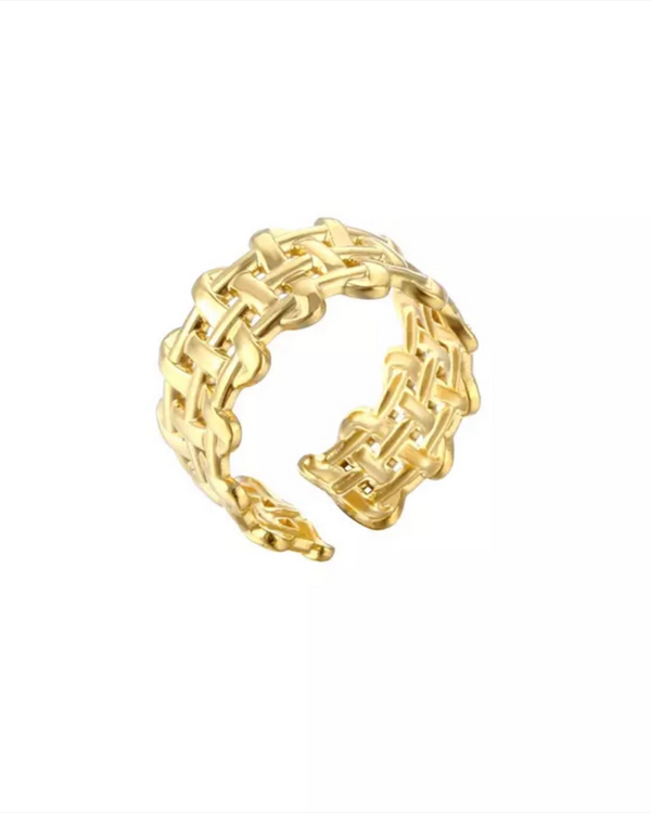 BOHO Basketweave Ring by Lia Haddi - 18K Gold Plated, Tarnish resistant, water-resistant, hypoallergenic, eco-friendly, featuring intricate basketweave design.