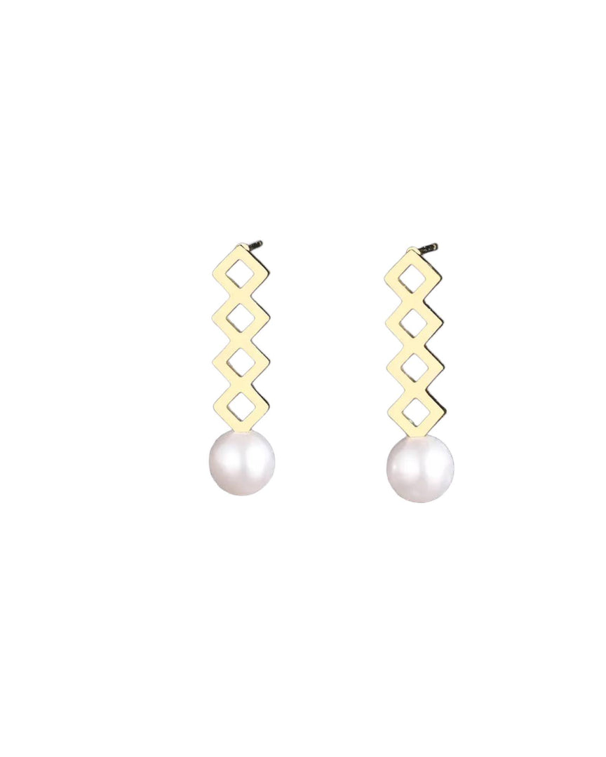 Chantique Pearl Earrings by Lia Haddi - 18K Gold Plated, Tarnish resistant, water-resistant, hypoallergenic, eco-friendly, featuring a chevron style with pearl accents.