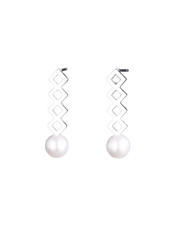 Chantique Pearl Earrings by Lia Haddi - 18K Gold Plated, Tarnish resistant, water-resistant, hypoallergenic, eco-friendly, featuring a chevron style with pearl accents.