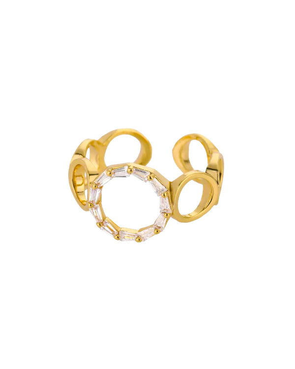 Circle Baguette Pave Ring by Lia Haddi - 18K Gold Plated, Tarnish resistant, water-resistant, hypoallergenic, eco-friendly, featuring CZ inlaid baguette and pave design.