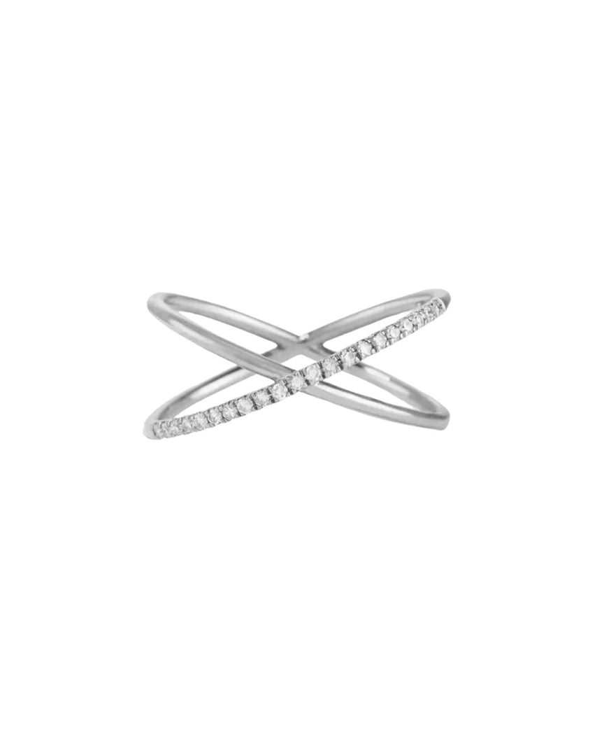 Criss-Cross Pave Ring by Lia Haddi - S925 Sterling Silver, Tarnish resistant, water-resistant, hypoallergenic, eco-friendly, featuring a criss-cross pave design.