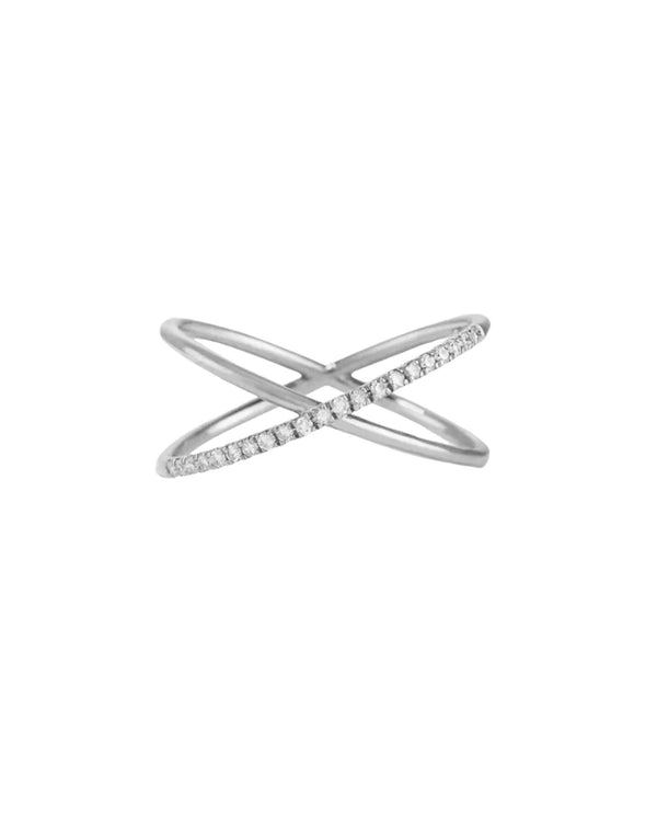 Criss-Cross Pave Ring by Lia Haddi - S925 Sterling Silver, Tarnish resistant, water-resistant, hypoallergenic, eco-friendly, featuring a criss-cross pave design.