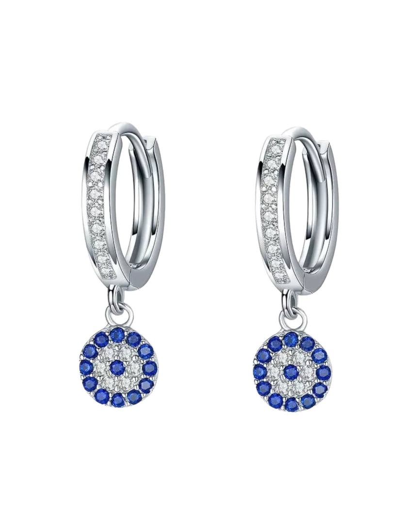 Dainty Evil Eye I Hoop Earrings by Lia Haddi - S925 Rhodium Plated, Tarnish resistant, water-resistant, hypoallergenic, featuring emerald and diamond simulated stones in an evil eye design