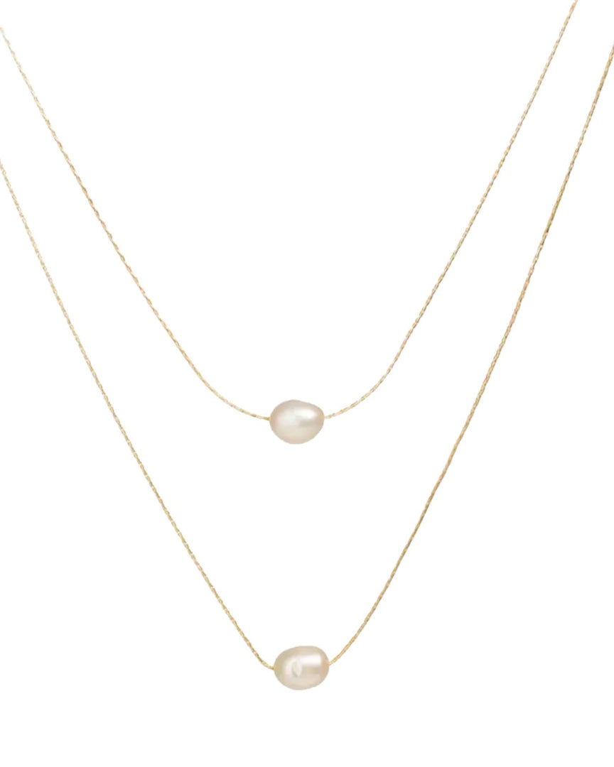 Dainty Layer Herringbone Pearl Necklace by Lia Haddi - Stainless Steel 18K Yellow Gold Plated, Tarnish resistant, water-resistant, hypoallergenic, featuring natural freshwater pearls in a herringbone design.