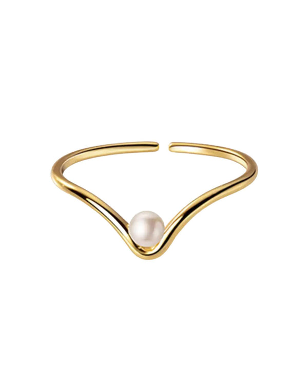 Dainty Pearl Ring by Lia Haddi - S925 18K Yellow Gold Plated, Tarnish resistant, water-resistant, hypoallergenic, featuring a simulated pearl in a chevron design. Size adjustable.