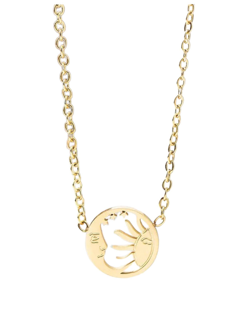 Dainty Sun and Moon Pendant Necklace by Lia Haddi - Stainless Steel 18K Yellow Gold Plated, Tarnish resistant, water-resistant, hypoallergenic, featuring sun and moon pendants. Length 39cm + 6.5cm extension, dainty.