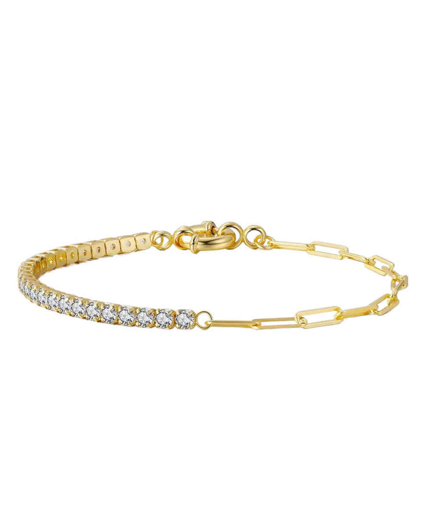 Dalina Tennis Bracelet by Lia Haddi - S925 14K Yellow Gold Plated, Tarnish resistant, water-resistant, hypoallergenic, featuring 3mm lab-created zirconia stones in a half chain half tennis design. Length 18cm.