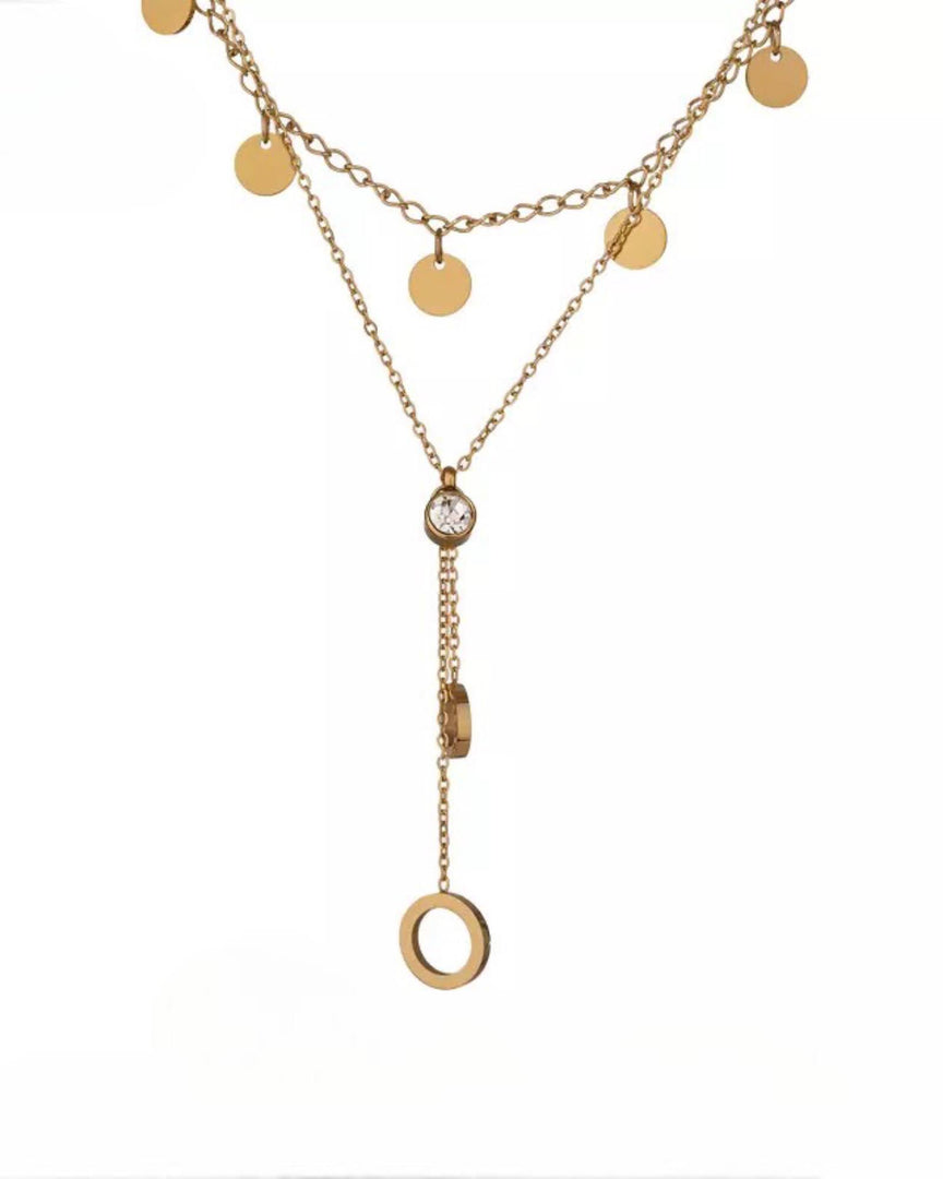 Disc Circle Layer Necklace by Lia Haddi - Stainless Steel 18K Yellow Gold Plated, Tarnish resistant, water-resistant, hypoallergenic, featuring a drop design with cubic zirconia stones. Length 39.5cm, 43cm + 5.2cm extension.