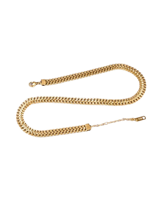 Dual Chain Cuban Necklace by Lia Haddi - Stainless Steel 18K Yellow Gold Plated, Tarnish resistant, water-resistant, hypoallergenic, featuring dual chain with Cuban link design. Length 37cm + 5cm extension.