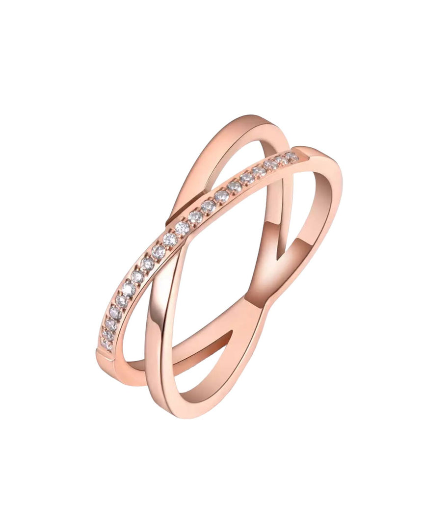 Elissa I Ring by Lia Haddi - Stainless Steel 18K Rose Gold Plated, Tarnish resistant, water-resistant, hypoallergenic, featuring a criss-cross design with inlaid lab-created simulated diamonds.