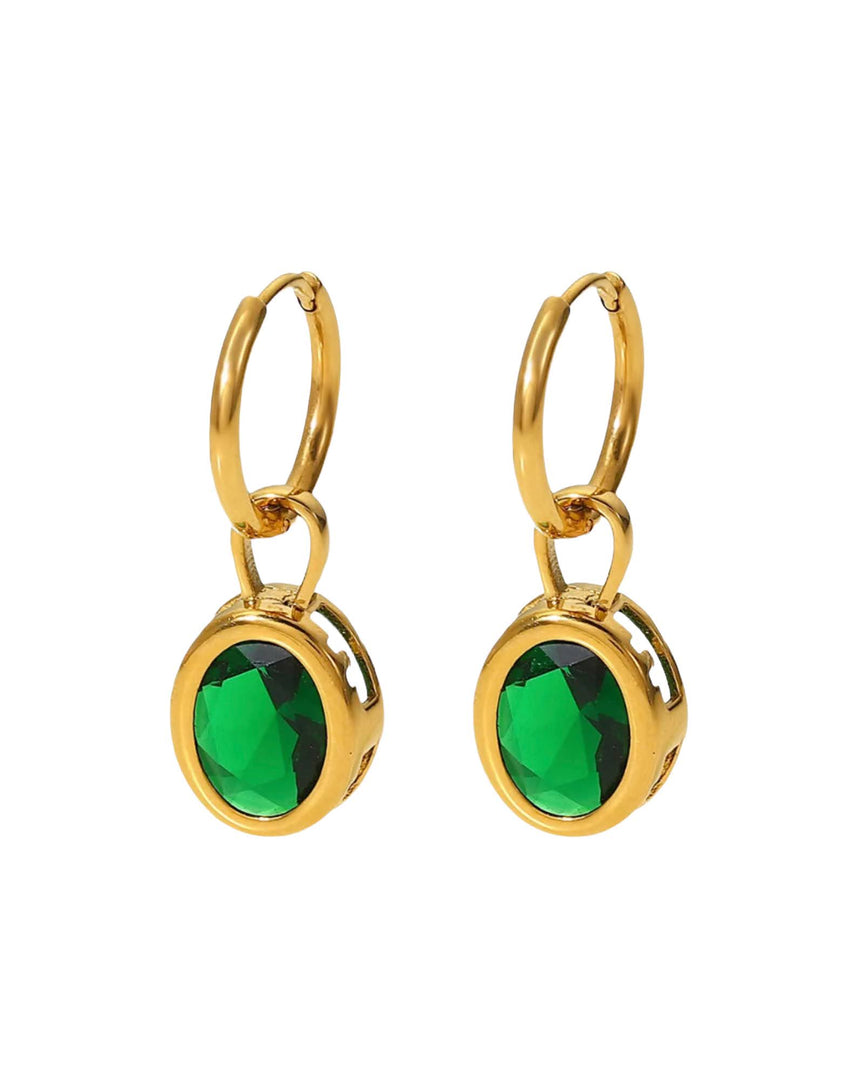 Emerald Bezel Drop Earrings with gold hoop setting, featuring a vibrant emerald-green gemstone in an elegant bezel design. From Lia Haddi