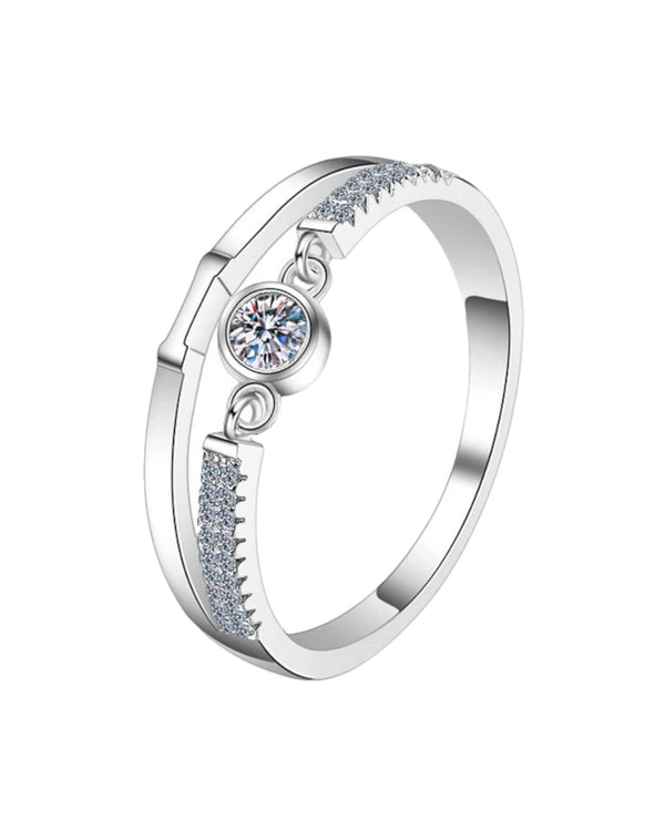 Lia Haddi Geo I Stackable Petite Ring - S925 Rhodium Plated, Diamond Simulated-Lab Created Side Stone, Moissanite Center Stone D0.10CT DEW, Tarnish Resistant, Water-Resistant, Hypoallergenic, Elegant and modern geometric design from Lia Haddi's collection.