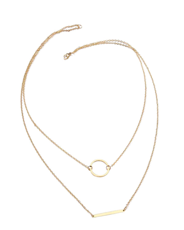 Dainty Layer Circle Bar II Necklace by Lia Haddi - Stainless Steel 18K Yellow Gold Plated, Tarnish resistant, water-resistant, hypoallergenic, featuring a mono layer design with circle and bar elements. Length 40cm + 5cm.