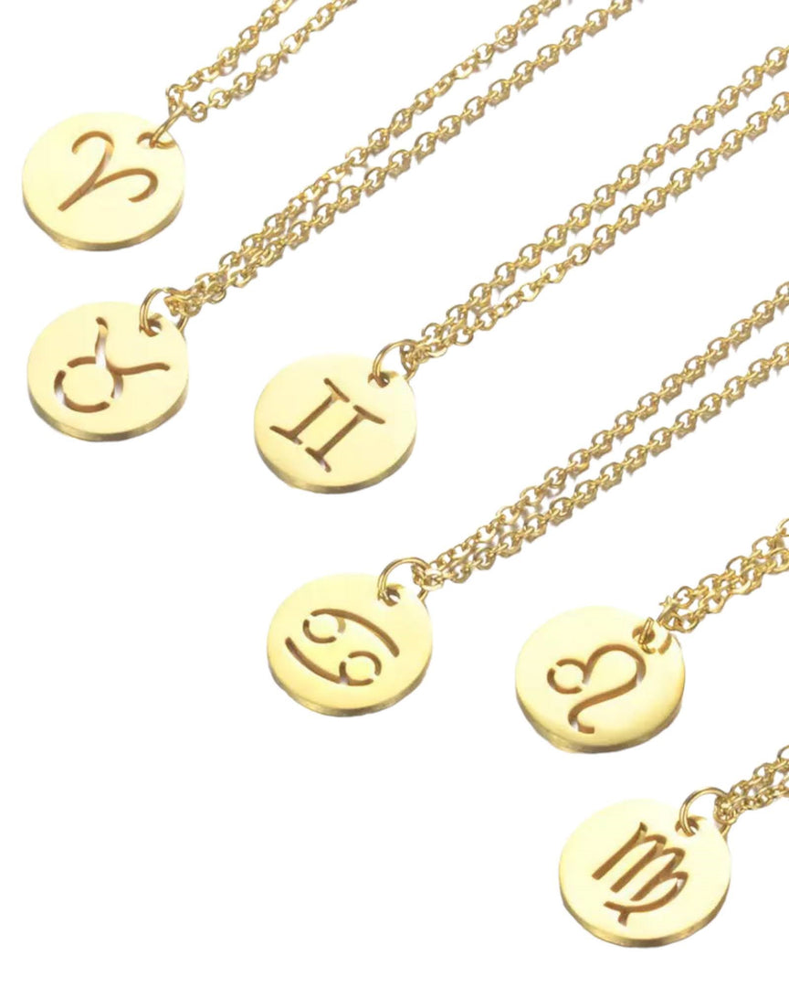 ia Haddi Zodiac Disc Necklace - Stainless Steel, 18K Yellow Gold Plated, 40cm Chain, 16mm x 16mm Pendant, Tarnish Resistant, Water-Resistant, Hypoallergenic, Personalized and stylish design from Lia Haddi's collection.