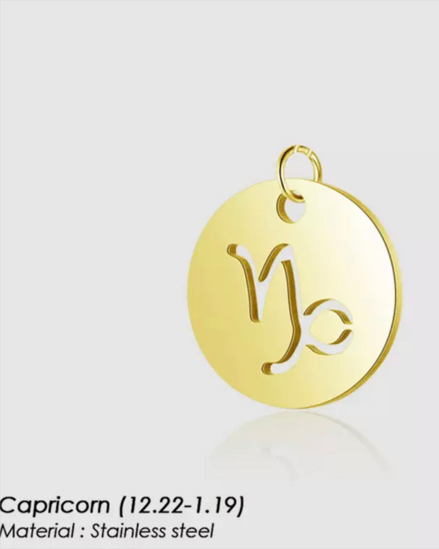 ia Haddi Zodiac Disc Necklace - Stainless Steel, 18K Yellow Gold Plated, 40cm Chain, 16mm x 16mm Pendant, Tarnish Resistant, Water-Resistant, Hypoallergenic, Personalized and stylish design from Lia Haddi's collection.